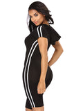 Fermeture Éclair Avant À Capuche Manches Courtes Rayures Côtés Combi-short De Sport Uni Noir