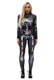 Creepy Skeleton Print Adult Halloween Costume Bodycon Jumpsuit Gray