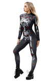 Creepy Skeleton Print Adult Halloween Costume Bodycon Jumpsuit Gray