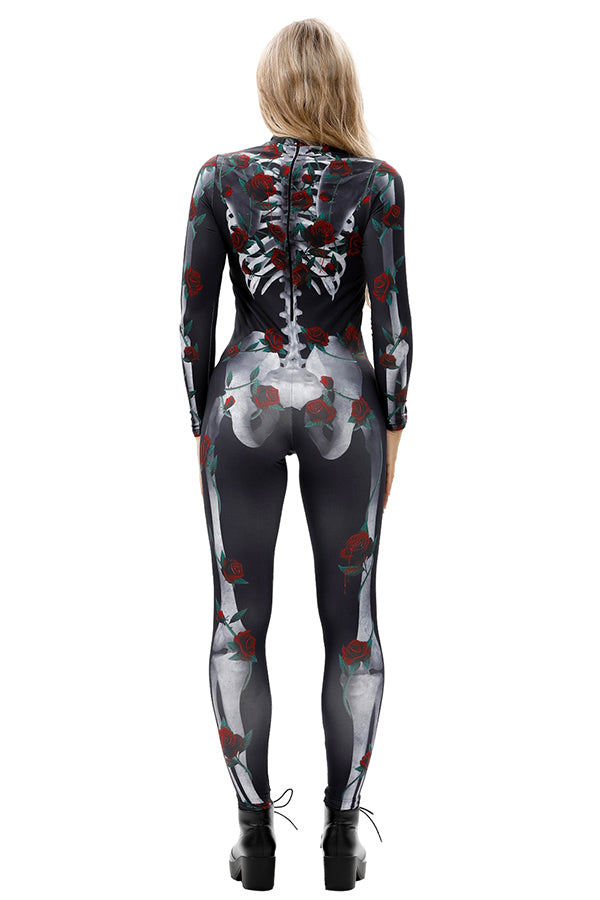 Creepy Skeleton Print Adult Halloween Costume Bodycon Jumpsuit Gray