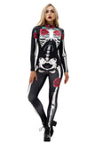 Creepy Rose Skeleton Print Halloween Costume Bodycon Jumpsuit Red
