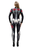 Creepy Rose Skeleton Print Halloween Costume Bodycon Jumpsuit Red