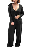 Plus Size V Neck Kangaroo Pocket Hooded Plain Wide Leg Jumpsuit Black
