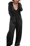 Plus Size V Neck Kangaroo Pocket Hooded Plain Wide Leg Jumpsuit Black