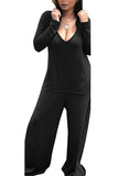 Plus Size V Neck Kangaroo Pocket Hooded Plain Wide Leg Jumpsuit Black