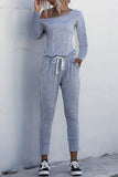 Sports Solid Off Shoulder Long Sleeve Pocket Jumpsuit Gray