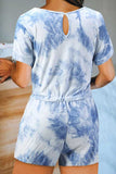 Casual Short Sleeve Crew Neck Tie Dye Romper Blue