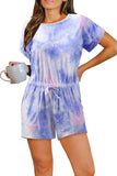 Crew Neck Short Sleeve Drawstring Tie Dye Romper Purple