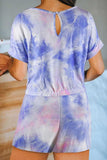 Crew Neck Short Sleeve Drawstring Tie Dye Romper Purple