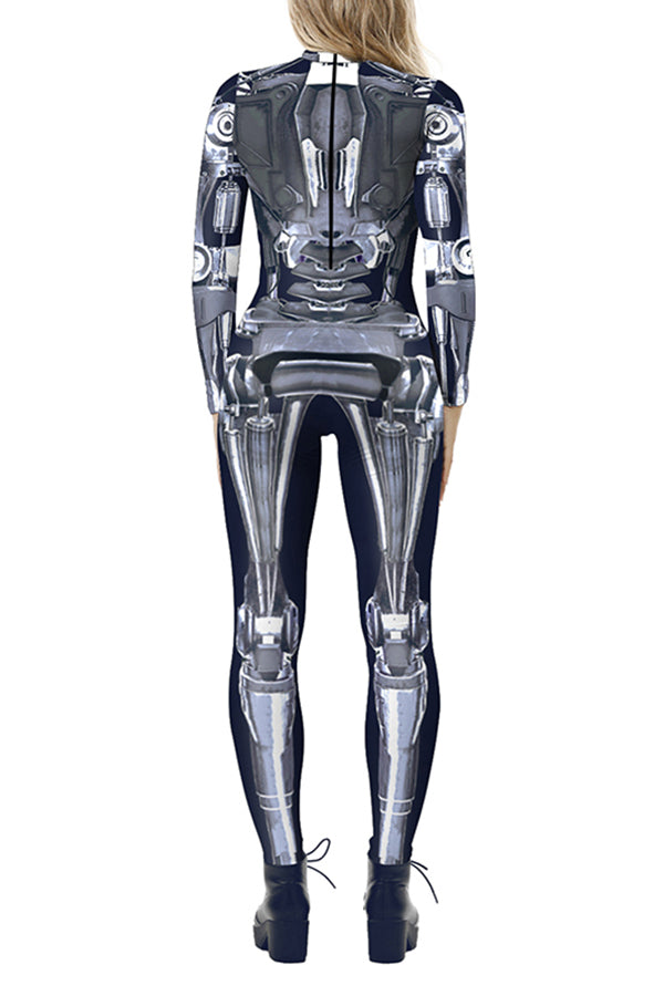 Long Sleeve Zipper Robot Print Jumpsuit Grey