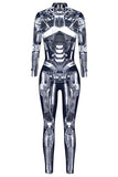 Long Sleeve Zipper Robot Print Jumpsuit Grey