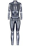 Long Sleeve Zipper Robot Print Jumpsuit Grey