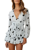 Floral Print Deep V-Neck Romper Double Layer Ruffle Hem Short Jumpsuit