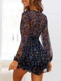 Floral Print Deep V-Neck Romper Double Layer Ruffle Hem Short Jumpsuit