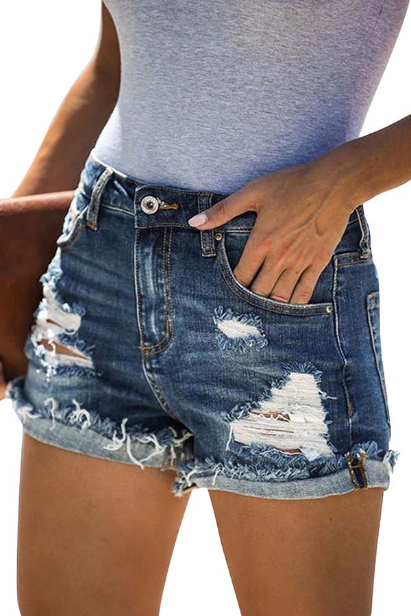 Women's High Waisted Pocket Distressed Denim Shorts