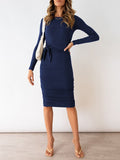 Long Sleeve Knee Length Ruched Bodycon Dress with Belt