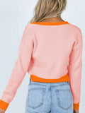 Cardigan tricoté à col en V pour femmes, boutonné sur le devant, bloc de couleurs