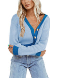 Women's V Neck Knitted Cardigan Button Front Color Block Crop Top