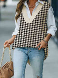 Women's V Neck Knitted Plaid Oversized Houndstooth Sweater Vest