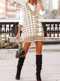 Gilet pull pied-de-poule surdimensionné à carreaux tricotés à col en V pour femmes