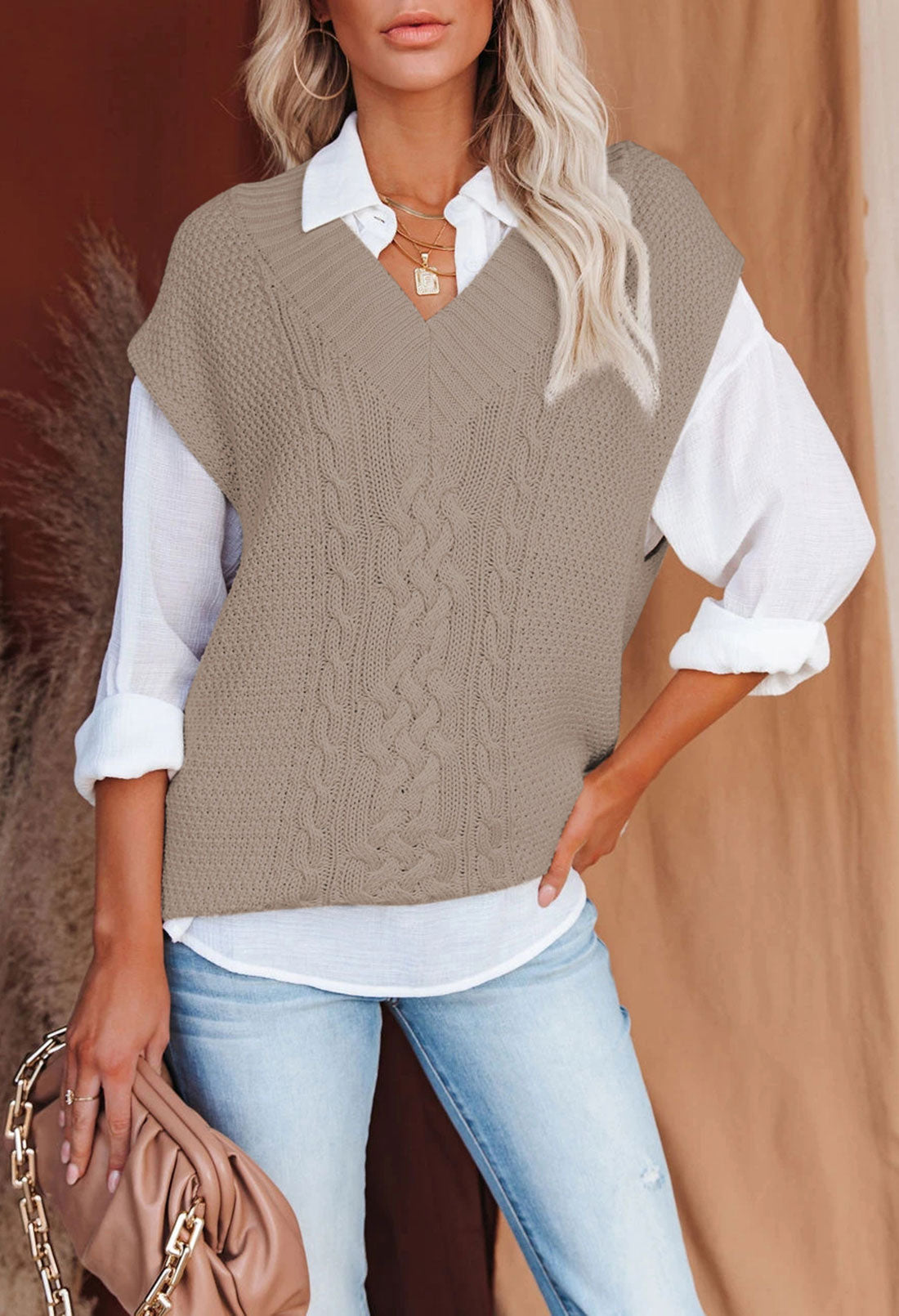 Women's Oversized V Neck Sweater Vest Tunic Loose Pullover Top