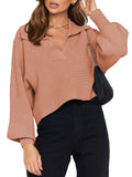 Women's Lapel Collar V Neck Bishop Sleeve Ribbed Knit Crop Top
