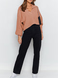 Women's Lapel Collar V Neck Bishop Sleeve Ribbed Knit Crop Top