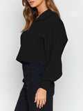 Women's Lapel Collar V Neck Bishop Sleeve Ribbed Knit Crop Top