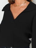 Women's Lapel Collar V Neck Bishop Sleeve Ribbed Knit Crop Top