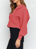 Women's Lapel Collar V Neck Bishop Sleeve Ribbed Knit Crop Top