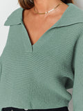 Women's Lapel Collar V Neck Bishop Sleeve Ribbed Knit Crop Top