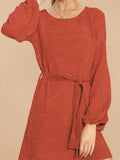 Robe pull femme col montant lanterne manches longues robes avec ceinture 