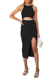 Women's Cutout Midi Dress Ribbed Knit Sleeveless Tank Bodycon Dress