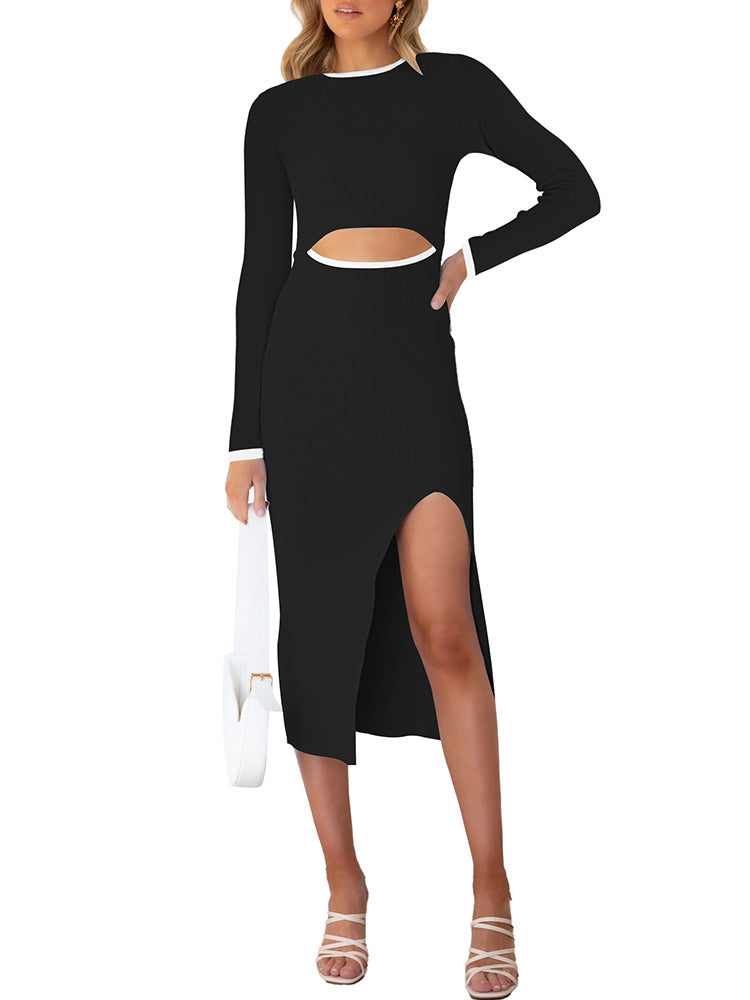 Women's Long Sleeves Ribbed Knit Sweater Midi Dress Cut Out Bodycon Tank Midi Dress
