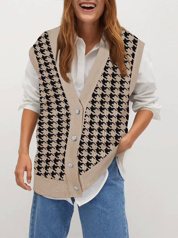 Women's Houndstooth Vest Cardigan Button Down V Neck Sleeveless Oversized Sweater