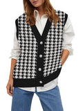 Women's Houndstooth Vest Cardigan Button Down V Neck Sleeveless Oversized Sweater