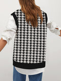 Women's Houndstooth Vest Cardigan Button Down V Neck Sleeveless Oversized Sweater