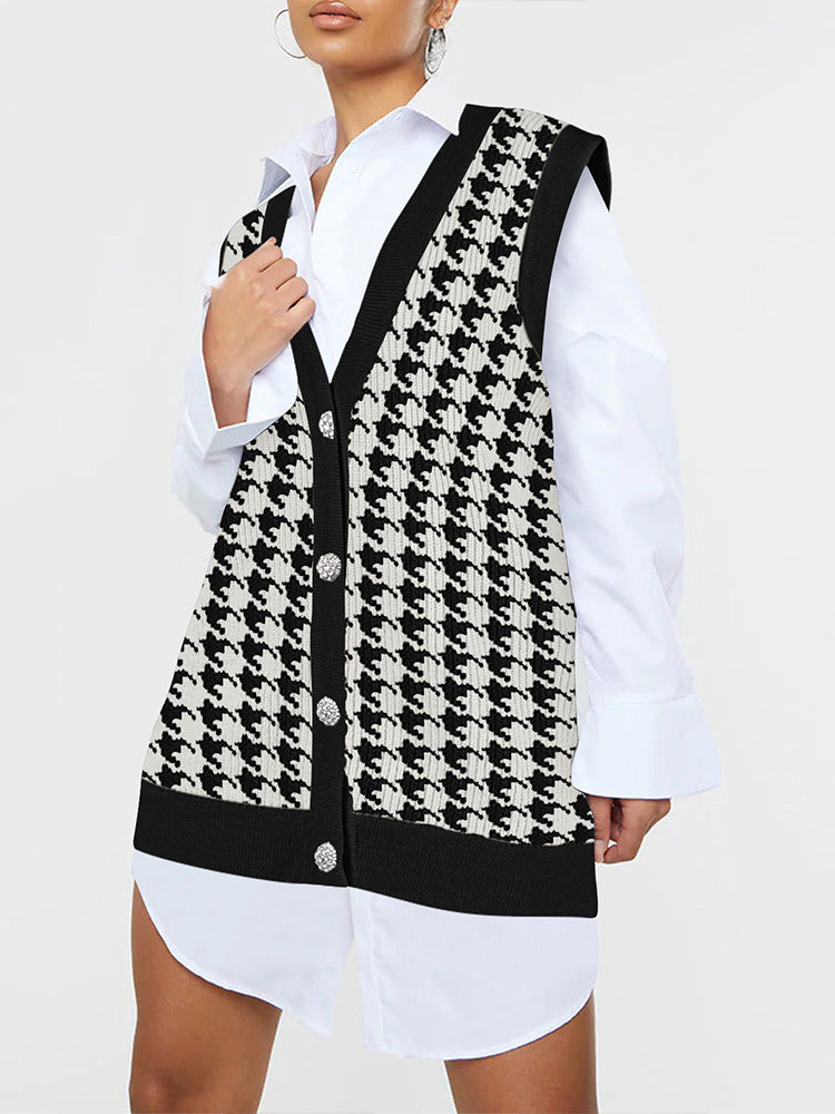 Women's Houndstooth Vest Cardigan Button Down V Neck Sleeveless Oversized Sweater