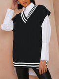 Women's V Neck Knit Vest Oversized Striped Sleeveless Tank Knit Tops
