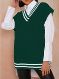 Women's V Neck Knit Vest Oversized Striped Sleeveless Tank Knit Tops
