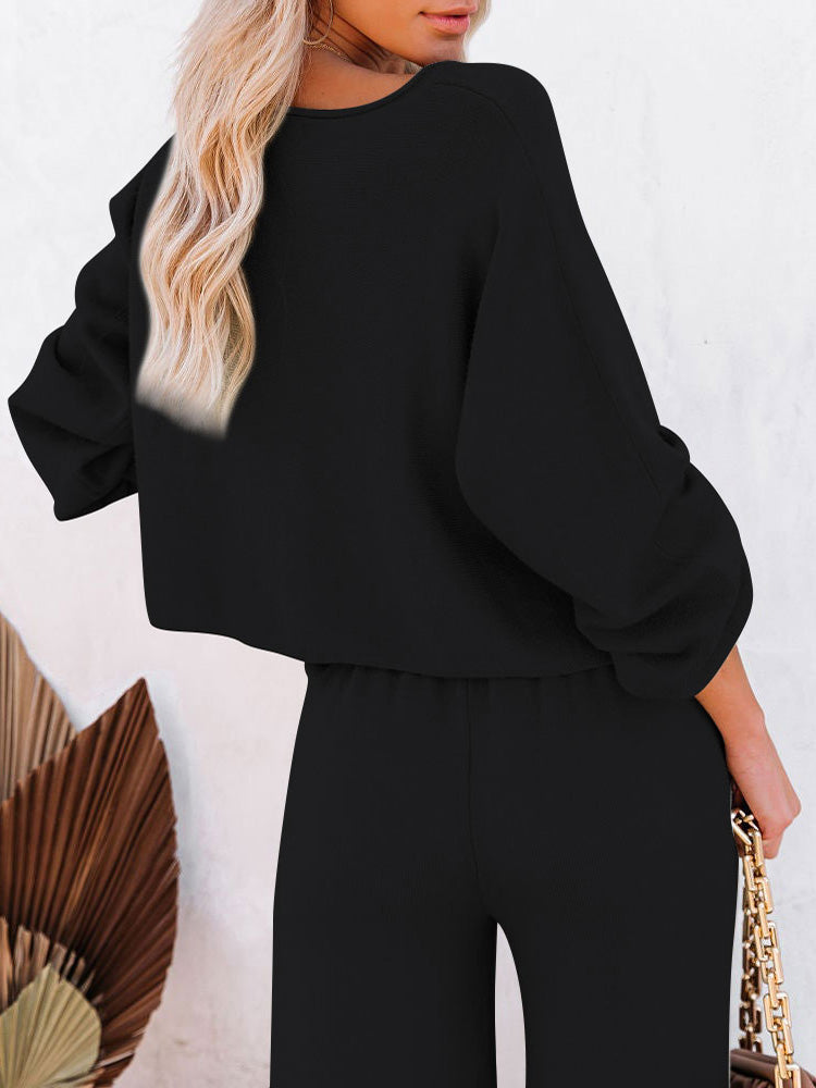 Women’s Two Piece Outfits Long Sleeve Knit Pullover Sweater Crop Top Wide Leg Pants Sweatsuit