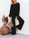 Women’s Two Piece Outfits Long Sleeve Knit Pullover Sweater Crop Top Wide Leg Pants Sweatsuit