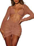 Women's Sheer Mesh Swimsuit Cover Up Dress Bodycon Ruched Beach Dresses