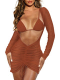 Women's Sheer Mesh Swimsuit Cover Up Dress Bodycon Ruched Beach Dresses