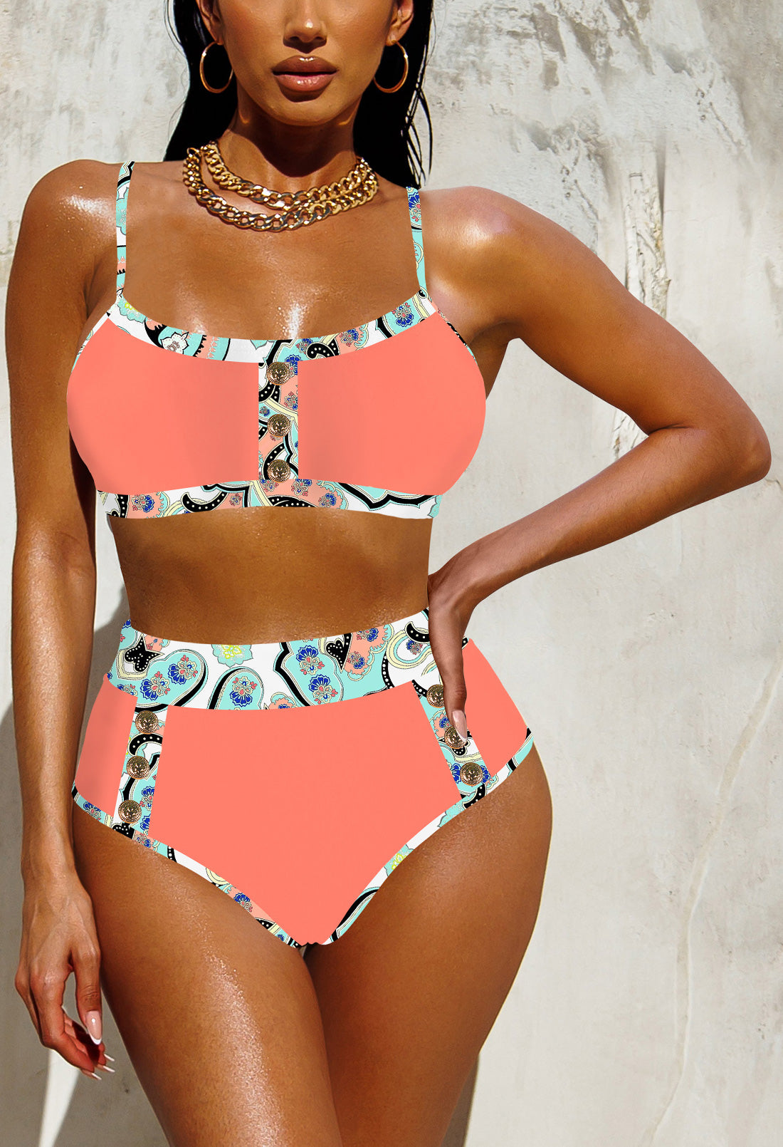 Ensemble de bikini 2 pièces taille haute pour femme Bloc de couleur à boutons Maillots de bain