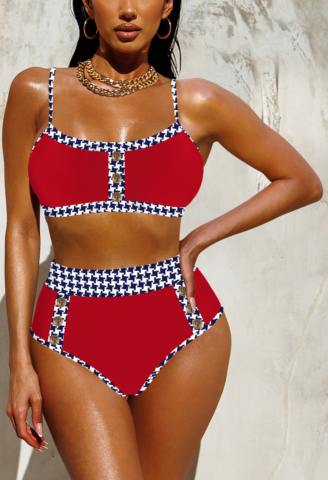 Ensemble de bikini 2 pièces taille haute pour femme Bloc de couleur à boutons Maillots de bain