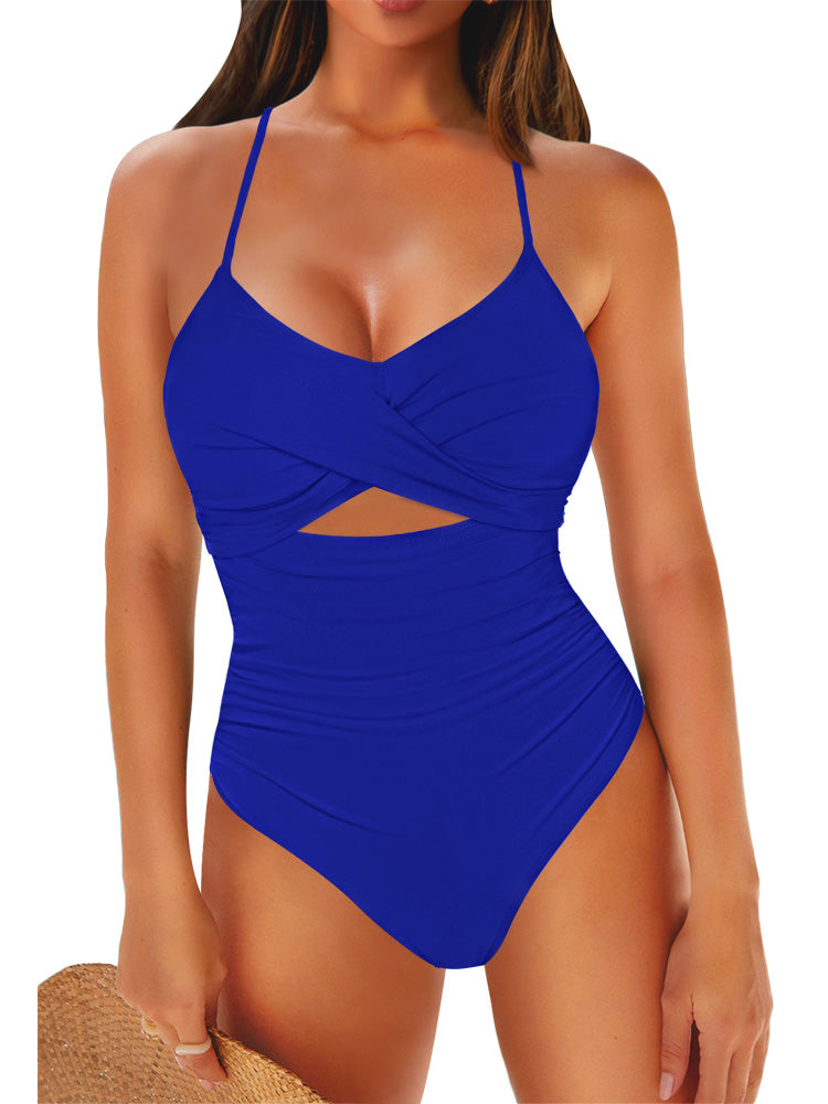 Women Cutout One Piece Swimsuit Tummy Control Ruched Halter Bathing Suit