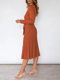 Women's Long Sleeve Midi Dress Wrap Pleated Sweater Dresses