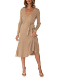 Women's Long Sleeve Midi Dress Wrap Pleated Sweater Dresses