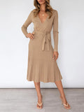 Women's Long Sleeve Midi Dress Wrap Pleated Sweater Dresses